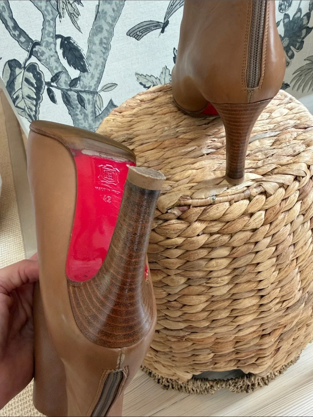 Christian Louboutin Women’s Leather Ankle Boots in Cognac with Red bottom